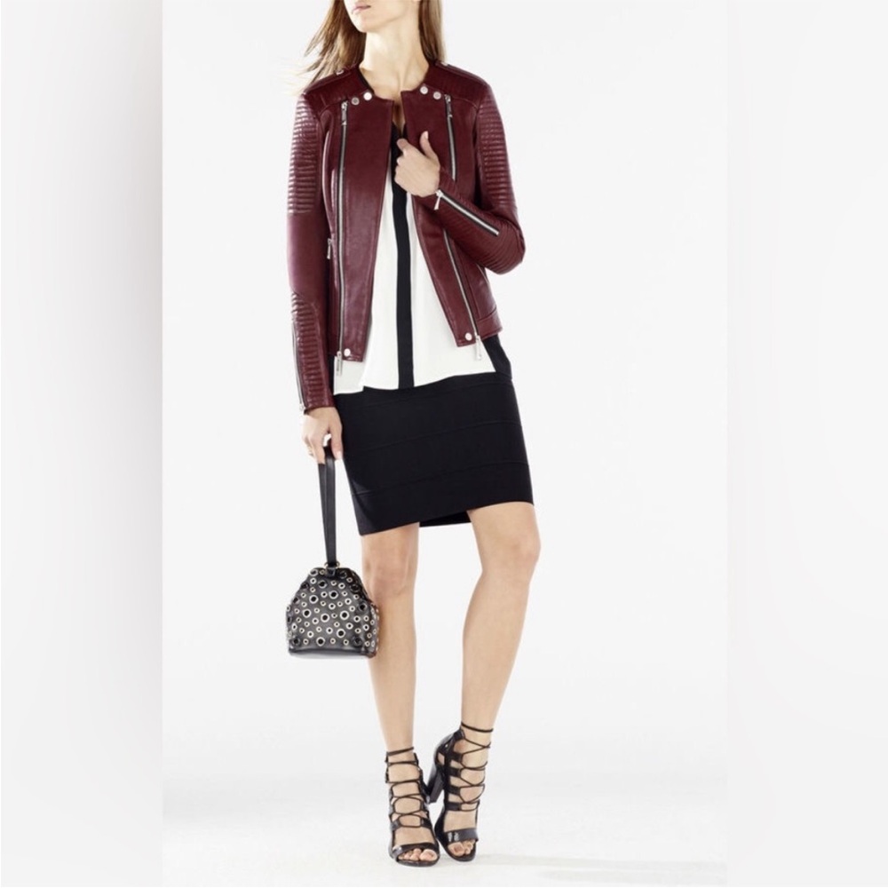 BCBGMAXAZRIA Moto Leather Jacket In burgundy